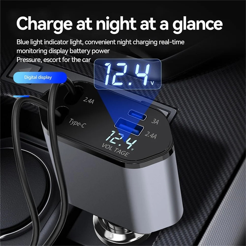 Fast Car Charger with Retractable Cables & Dual USB Ports