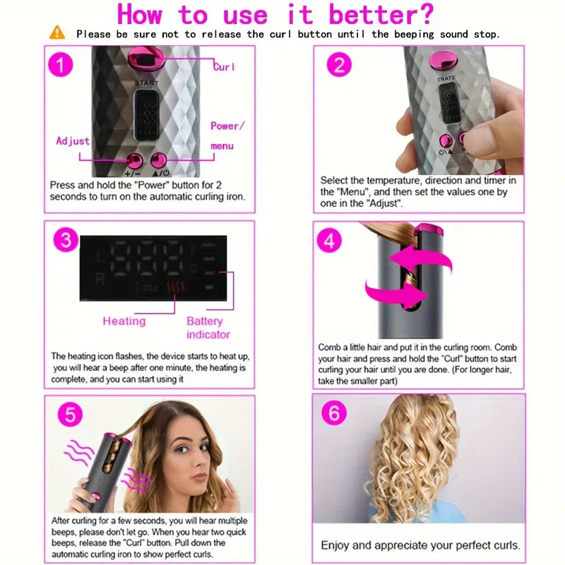 Portable Auto Curling Iron, USB Rechargeable, Rotating Barrel