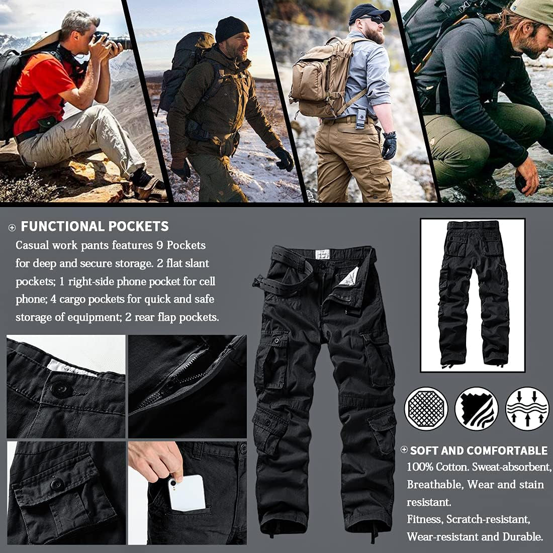 Men's Cargo Pants: Zipper Pockets, Elastic Waistband, Comfortable & Durable