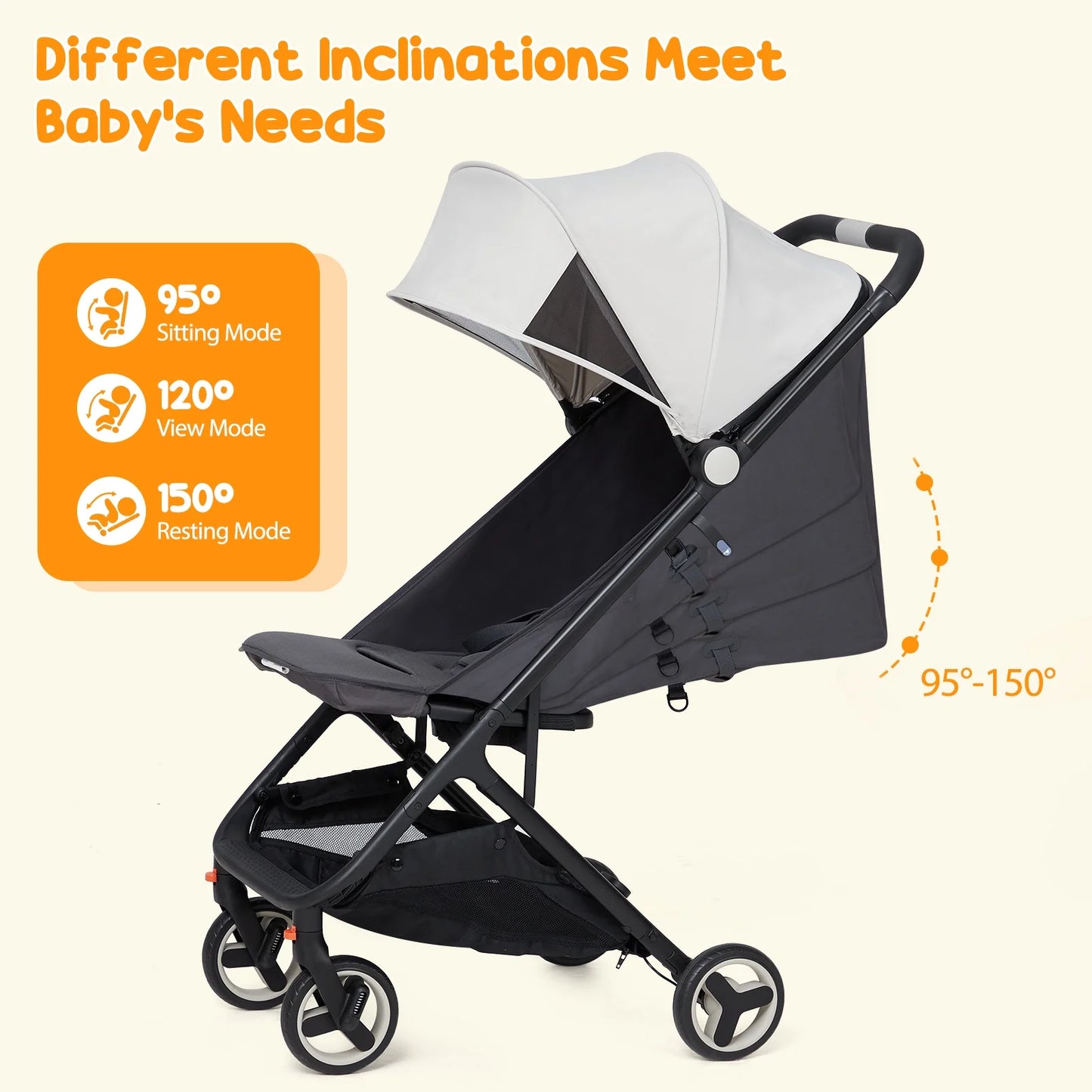 Lightweight Travel Stroller, One-Hand Fold, Reclining Seat