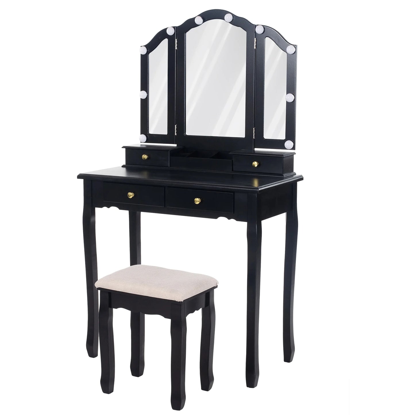 Tri-Fold Makeup Vanity with Lights, Mirror & Stool (Black)