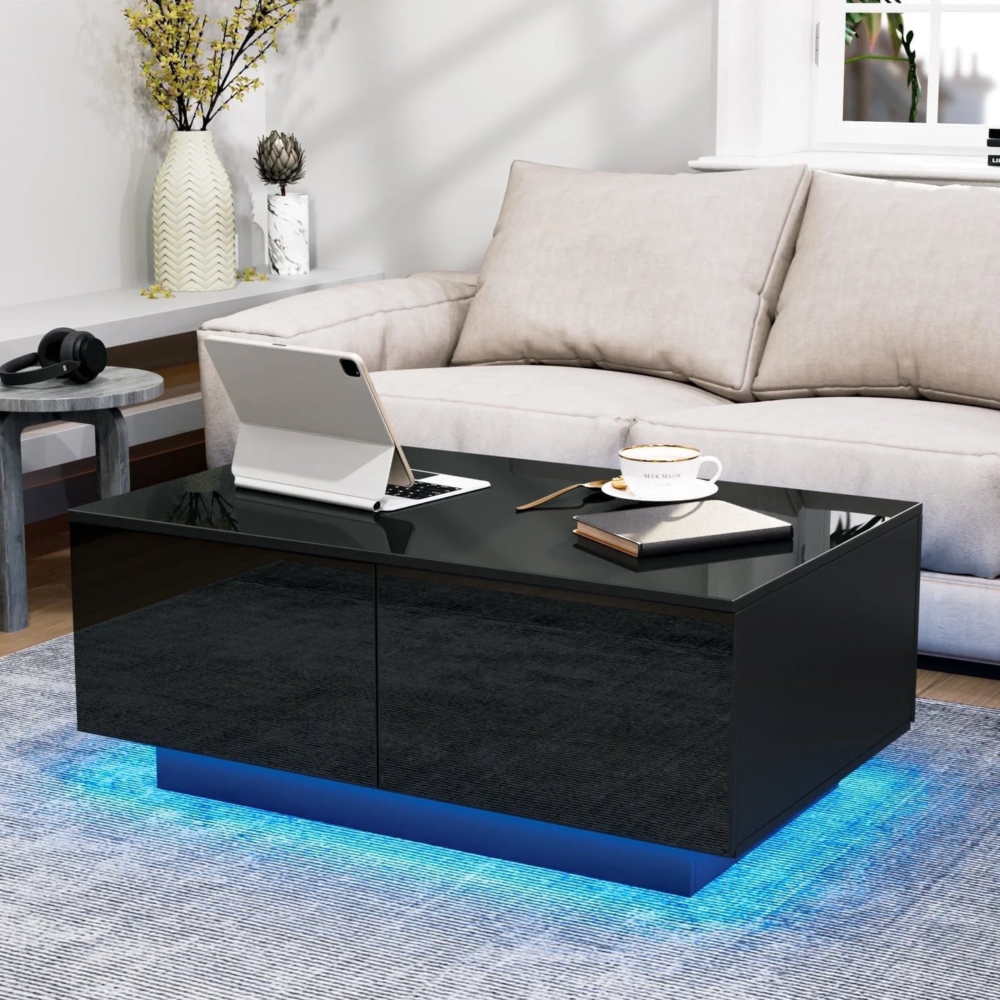 LED Coffee Table with 4 Drawers, High Gloss Black