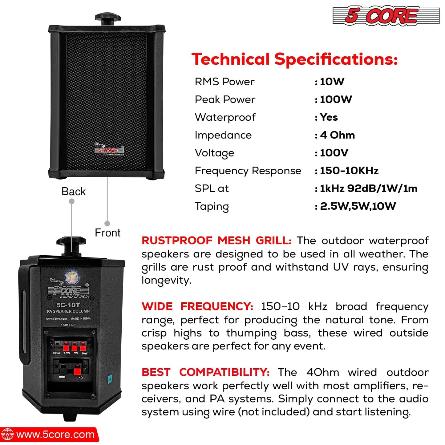 5-Core Outdoor Stereo System: 100W Peak Power