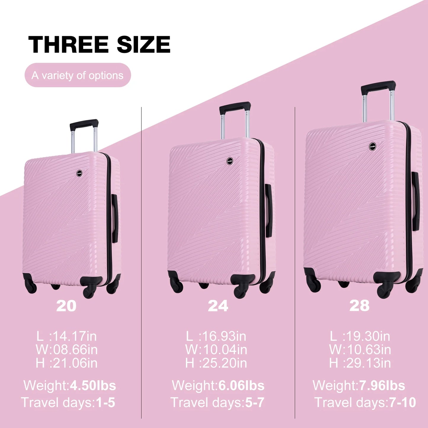 Luggage 3 Piece Set,Suitcase Set with Spinner Wheels Hardside Lightweight Luggage Set 20In24In28In.(Pink)