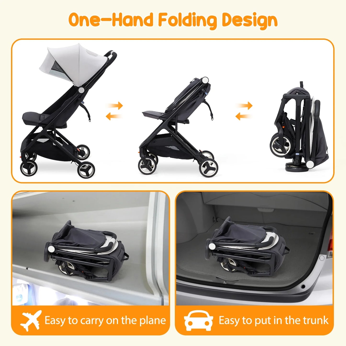 Lightweight Travel Stroller, One-Hand Fold, Reclining Seat