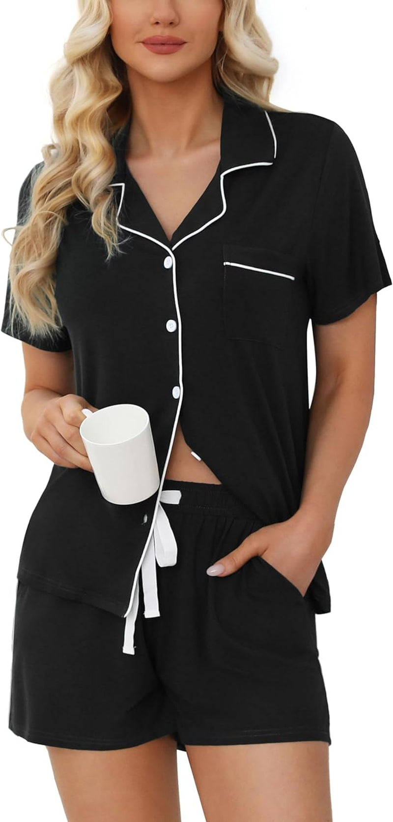 Women's Button-Down Pajama Set: Short Sleeve, Soft & Breathable