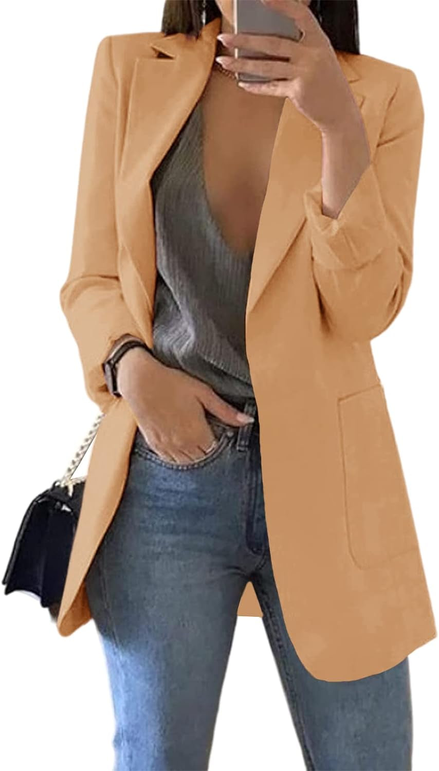 Women's Professional Open Front Blazer with Long Sleeves and Lapel Collar for Office Attire