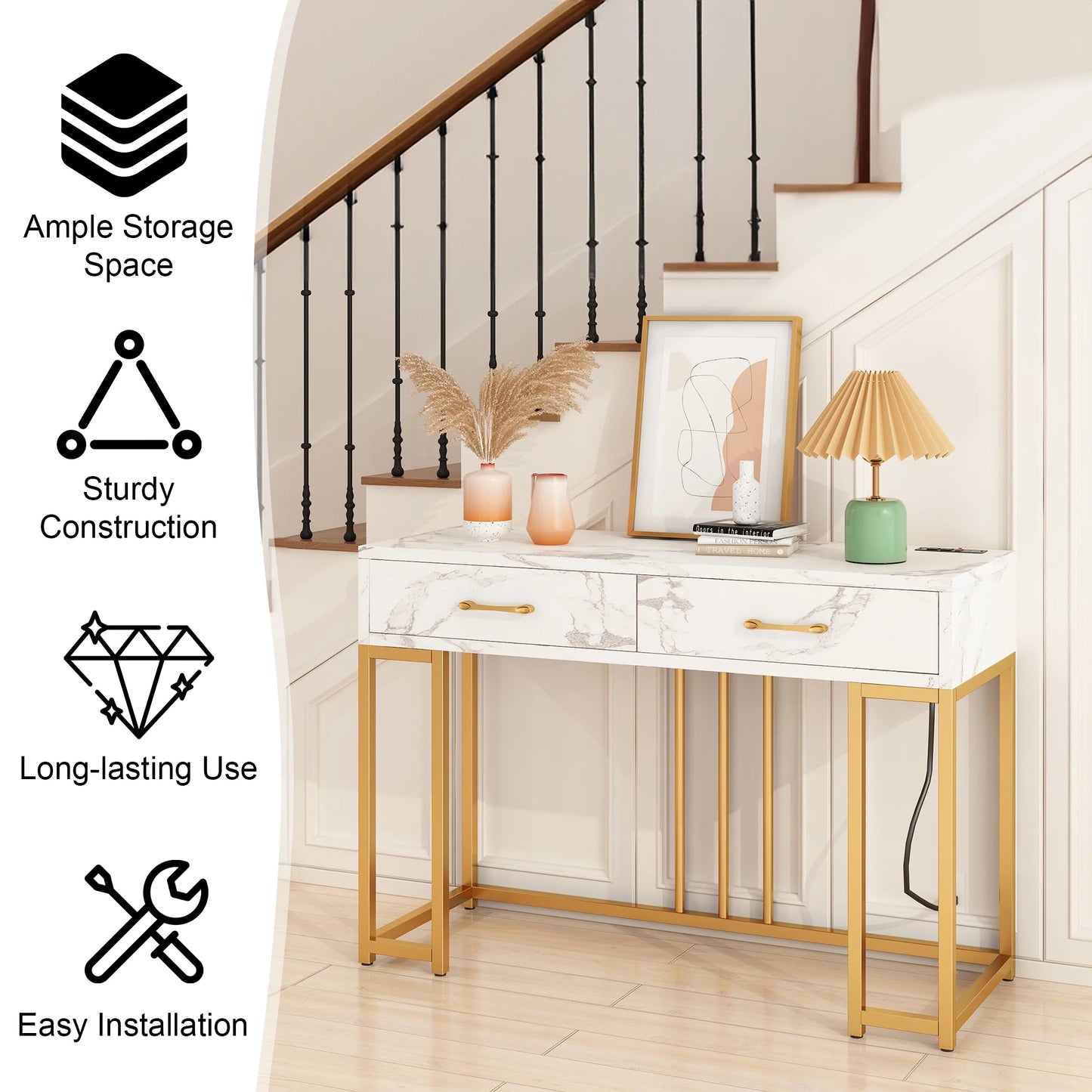 Modern Console Table with Drawers, Outlets & USB (Gold/White)