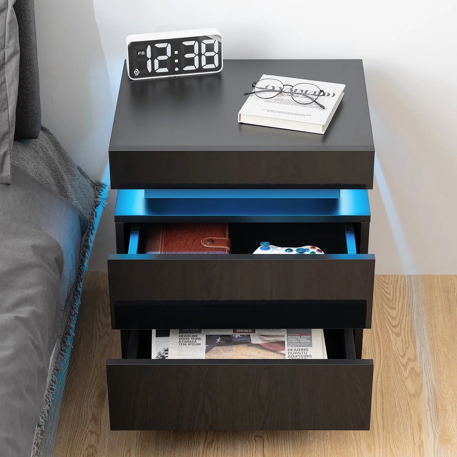 Modern LED Bedside Tables with 2 Drawers (Set of 2)