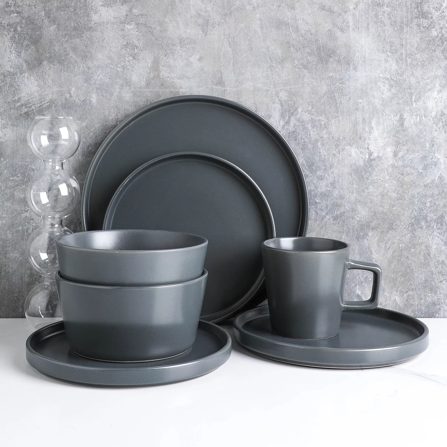 Celina 16-Piece Stoneware round Dinnerware Set, Service for 4, Gray Matte