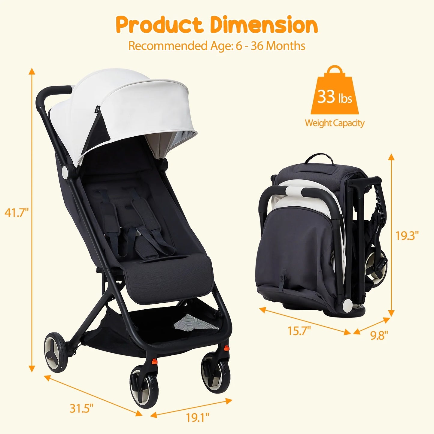 Lightweight Travel Stroller, One-Hand Fold, Reclining Seat