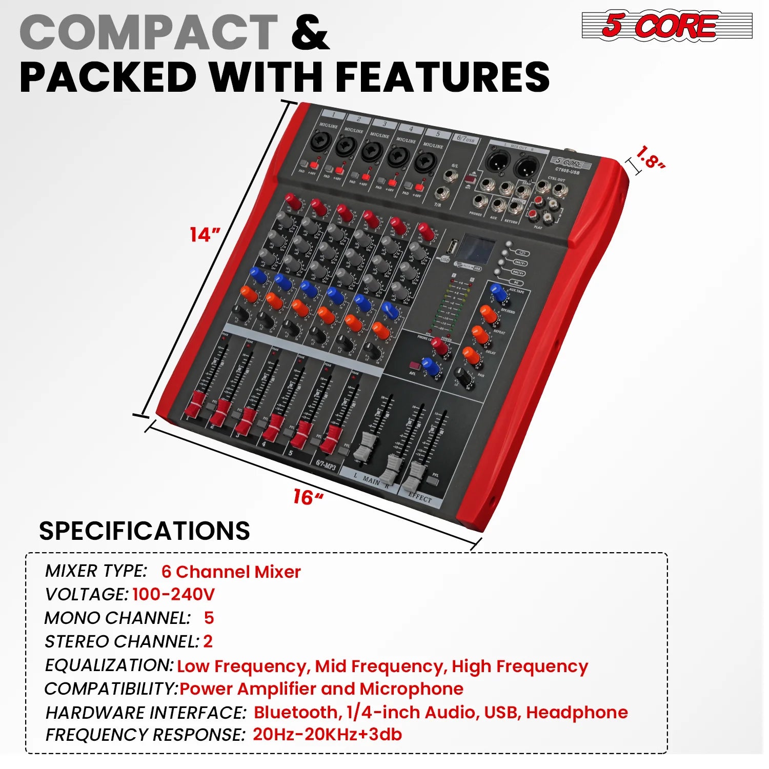 5 Core Audio Mixer 6 Channel DJ Equipment with Bluetooth USB Sound Board Console