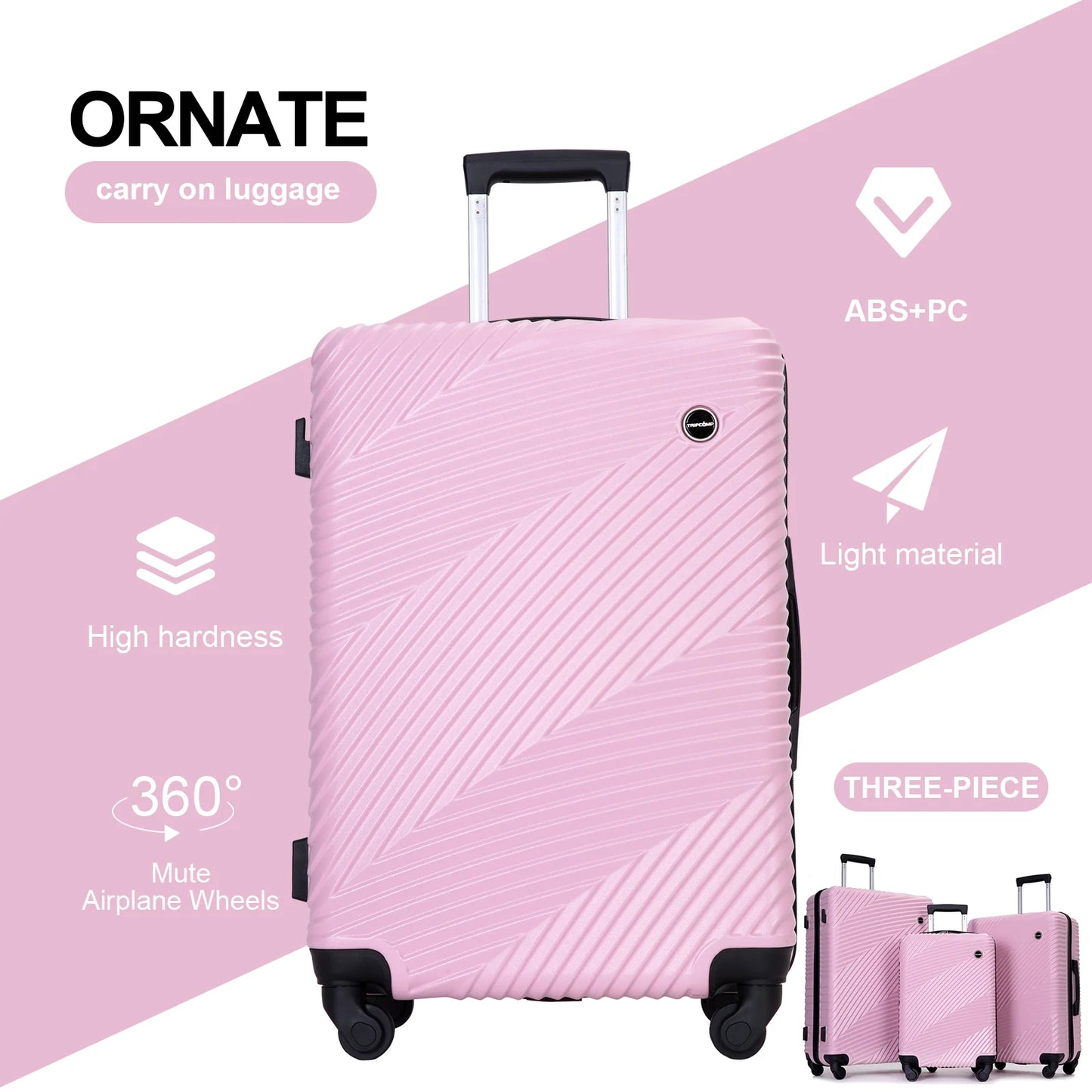 Luggage 3 Piece Set,Suitcase Set with Spinner Wheels Hardside Lightweight Luggage Set 20In24In28In.(Pink)