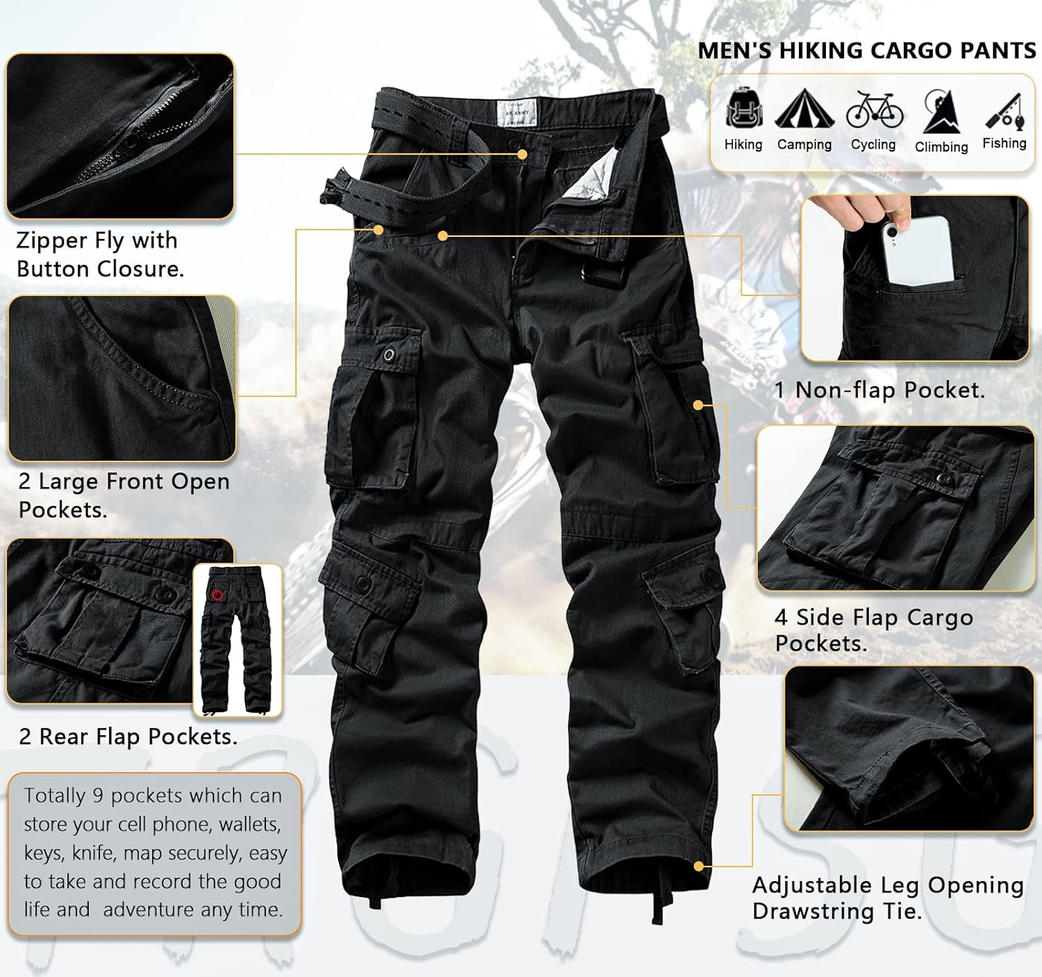 Men's Cargo Pants: Zipper Pockets, Elastic Waistband, Comfortable & Durable