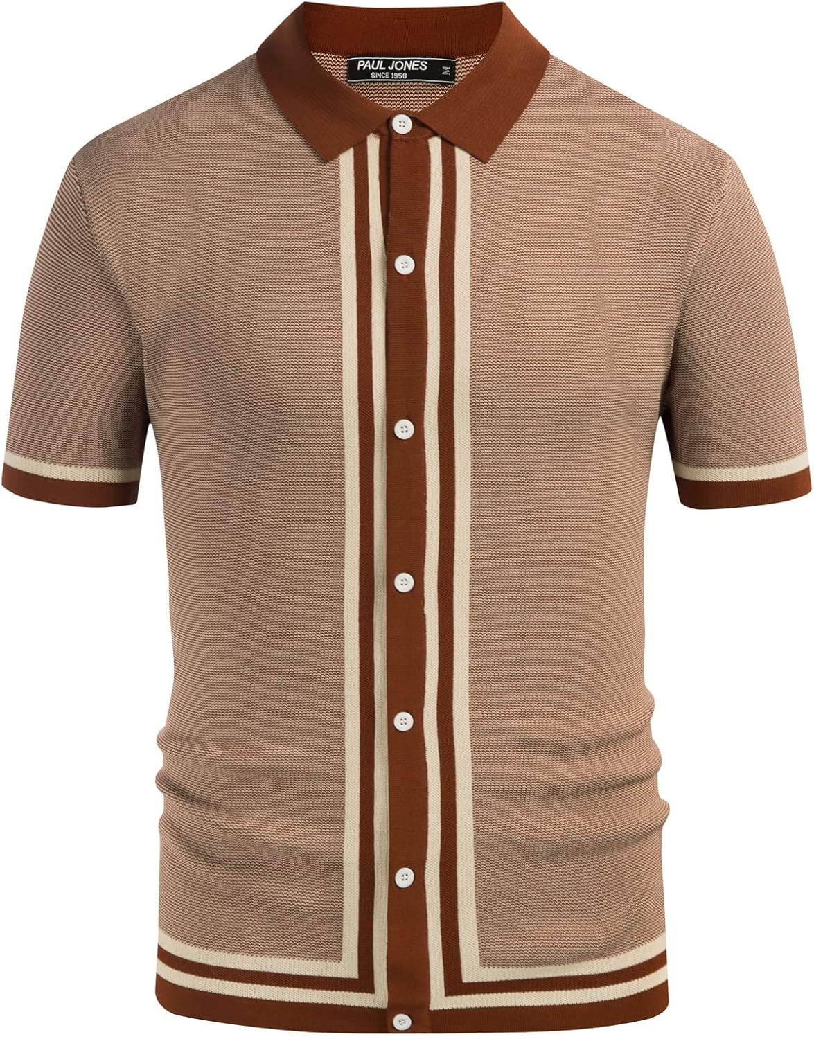 Men'S Vintage Stripe Knit Polo Shirts Short Sleeve Stylish Button down Cardigan Sweater