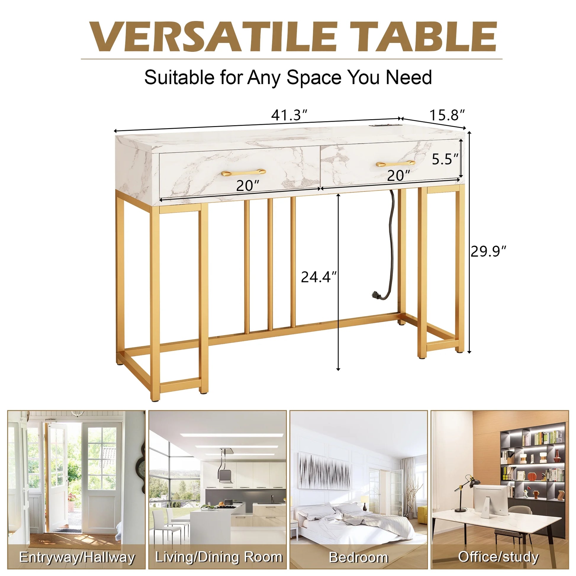 Modern Console Table with Drawers, Outlets & USB (Gold/White)