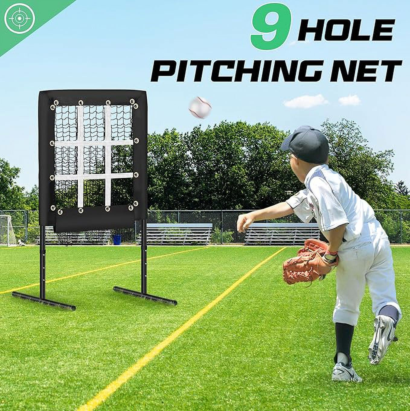 9 Hole Pitching Net Baseball Pitching Target with Strike Zone, Softball Pitching Aid Net, 3 Level Adjustable Height, Portable Training Equipment for Hitting and Pitching Practice