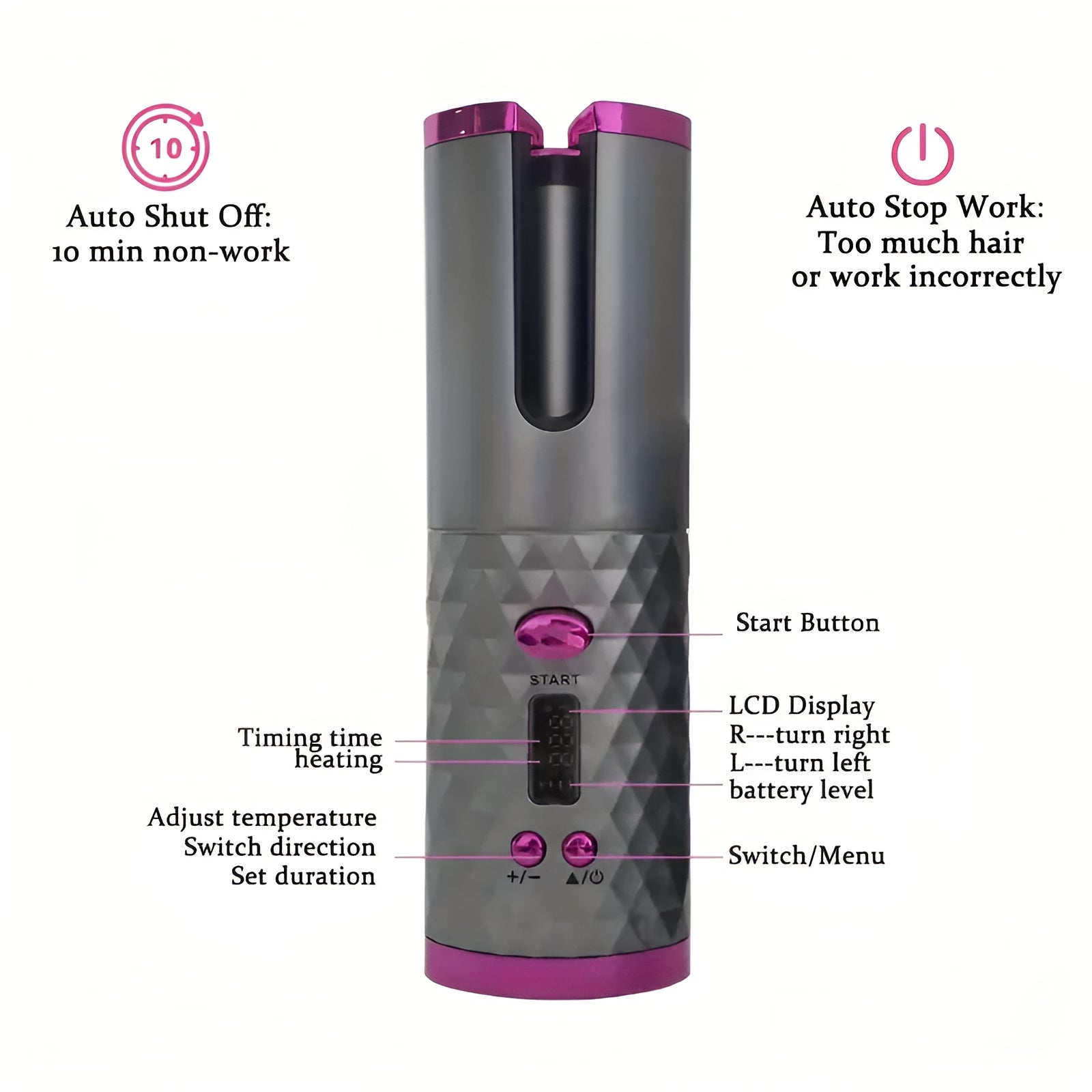 Portable Auto Curling Iron, USB Rechargeable, Rotating Barrel