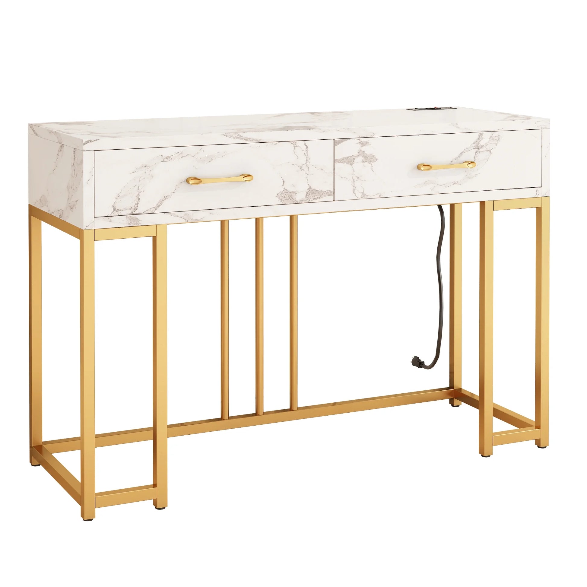 Modern Console Table with Drawers, Outlets & USB (Gold/White)