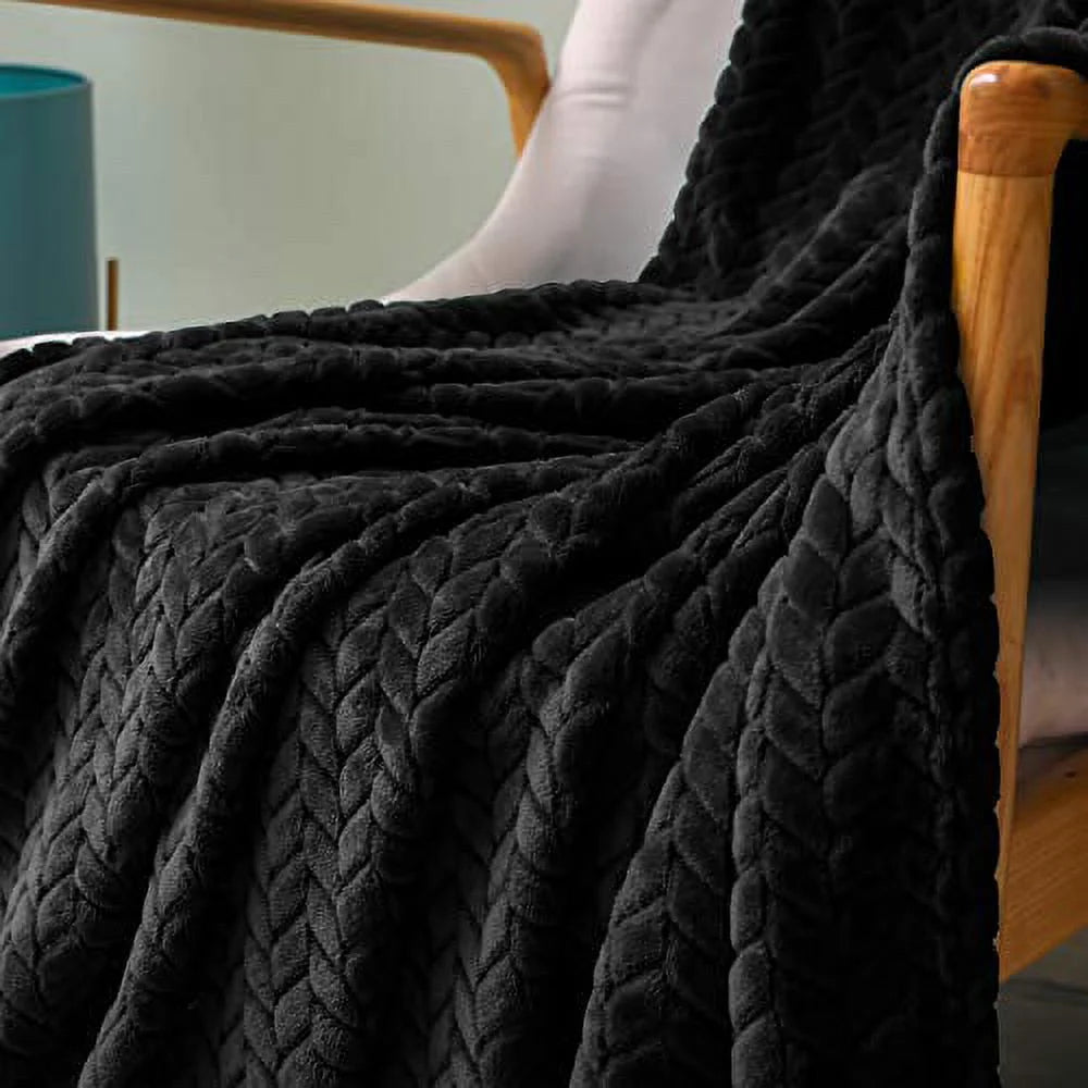 Large Flannel Fleece Throw Blanket, Jacquard Weave Leaves Pattern (50" X 70", Black)- Soft, Warm, Lightweight