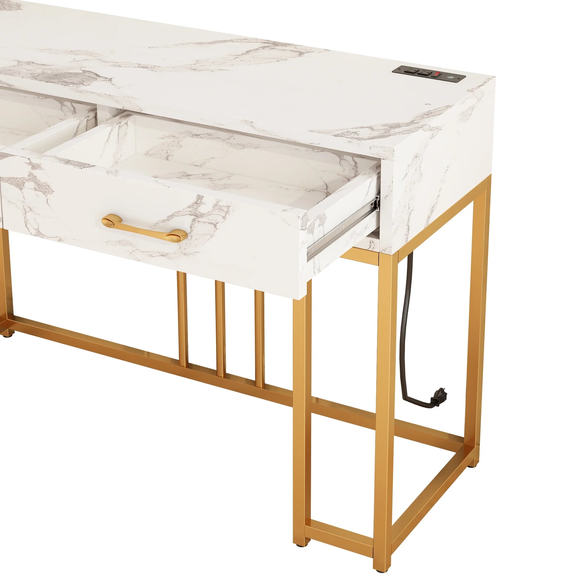 Modern Console Table with Drawers, Outlets & USB (Gold/White)