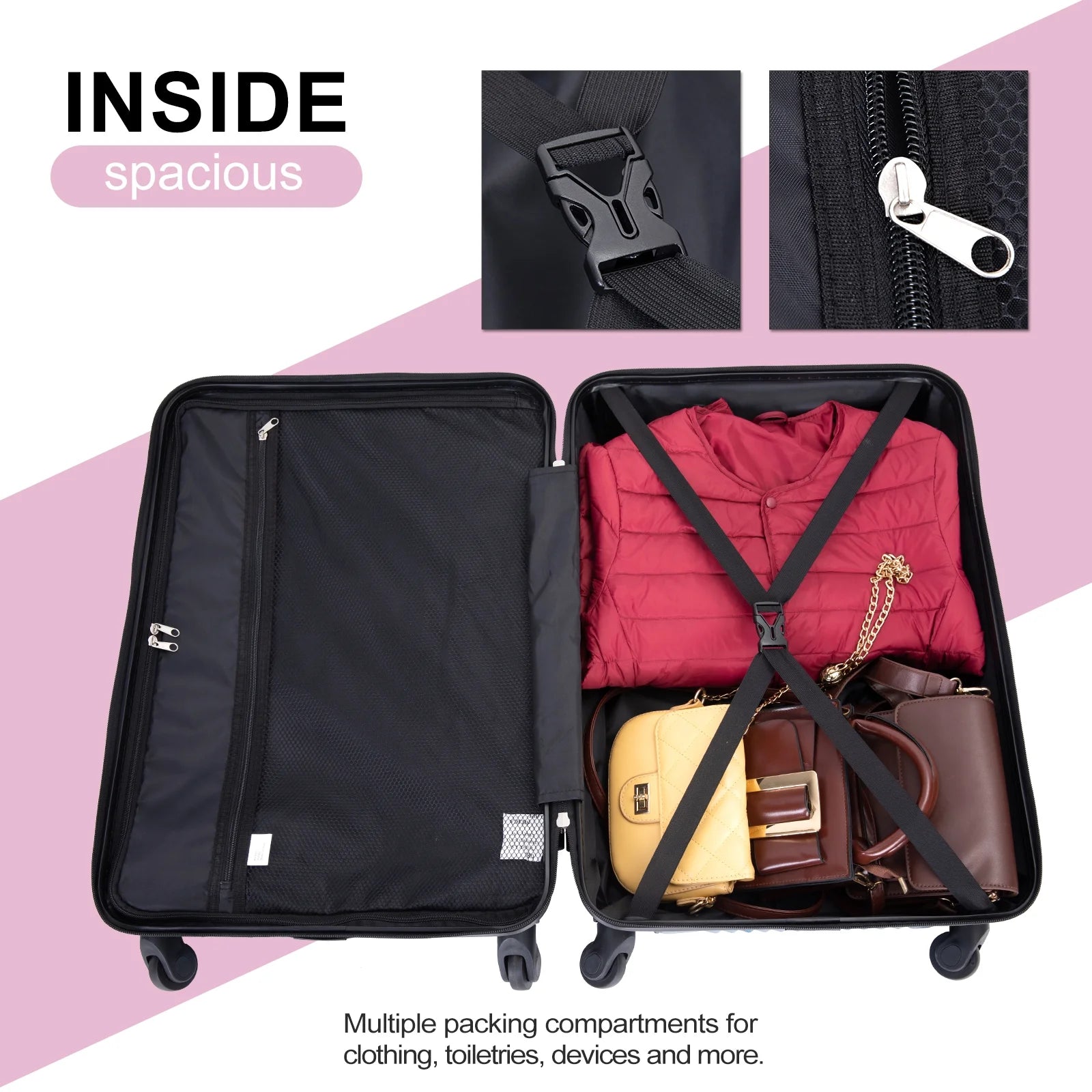 Luggage 3 Piece Set,Suitcase Set with Spinner Wheels Hardside Lightweight Luggage Set 20In24In28In.(Pink)