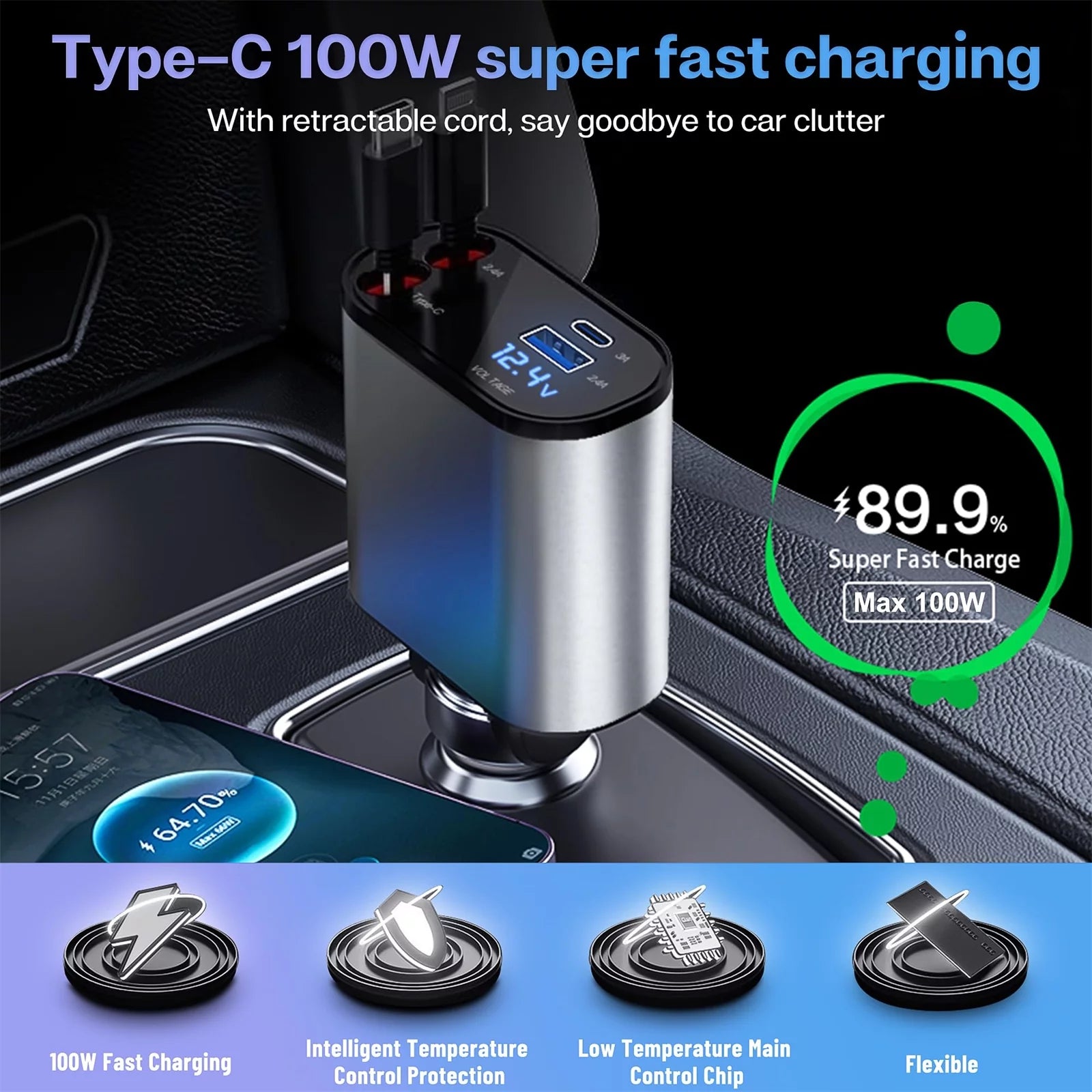 Fast Car Charger with Retractable Cables & Dual USB Ports