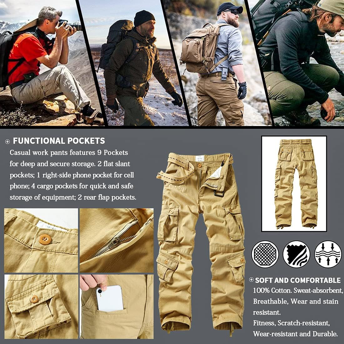 Men's Cargo Pants: Cotton Camo, Relaxed Fit with Multiple Pockets