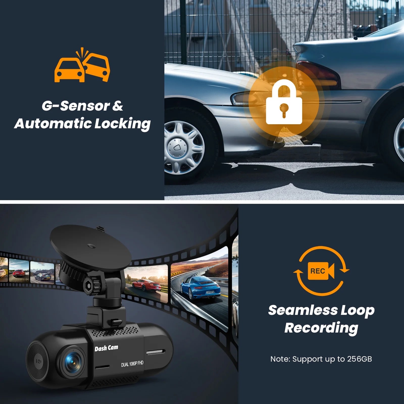 Dash Cam Front and Inside, 1080P FHD Car Camera with Rear IR Night Vision, Accident Lock, 24H Park Mode, G-Sensor, Included 32GB Card