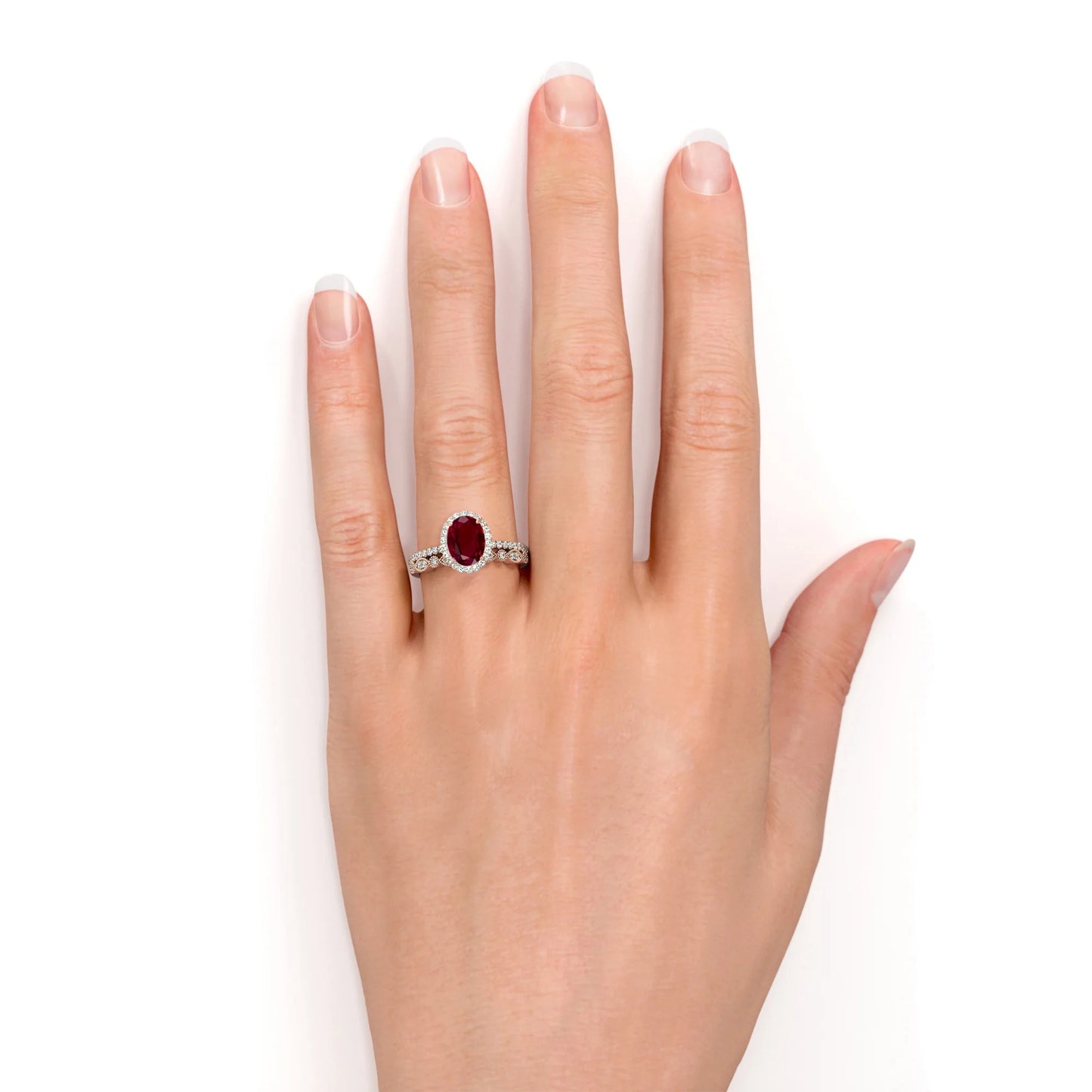 1.75 Carat Oval Burmese Lab Created Ruby Bridal Ring Set - Classic Ring Band - 18K Rose Gold over Silver