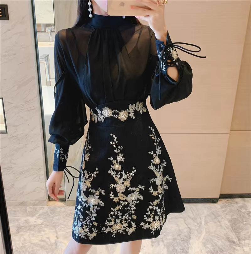 Embroidered Skirt Suit Set