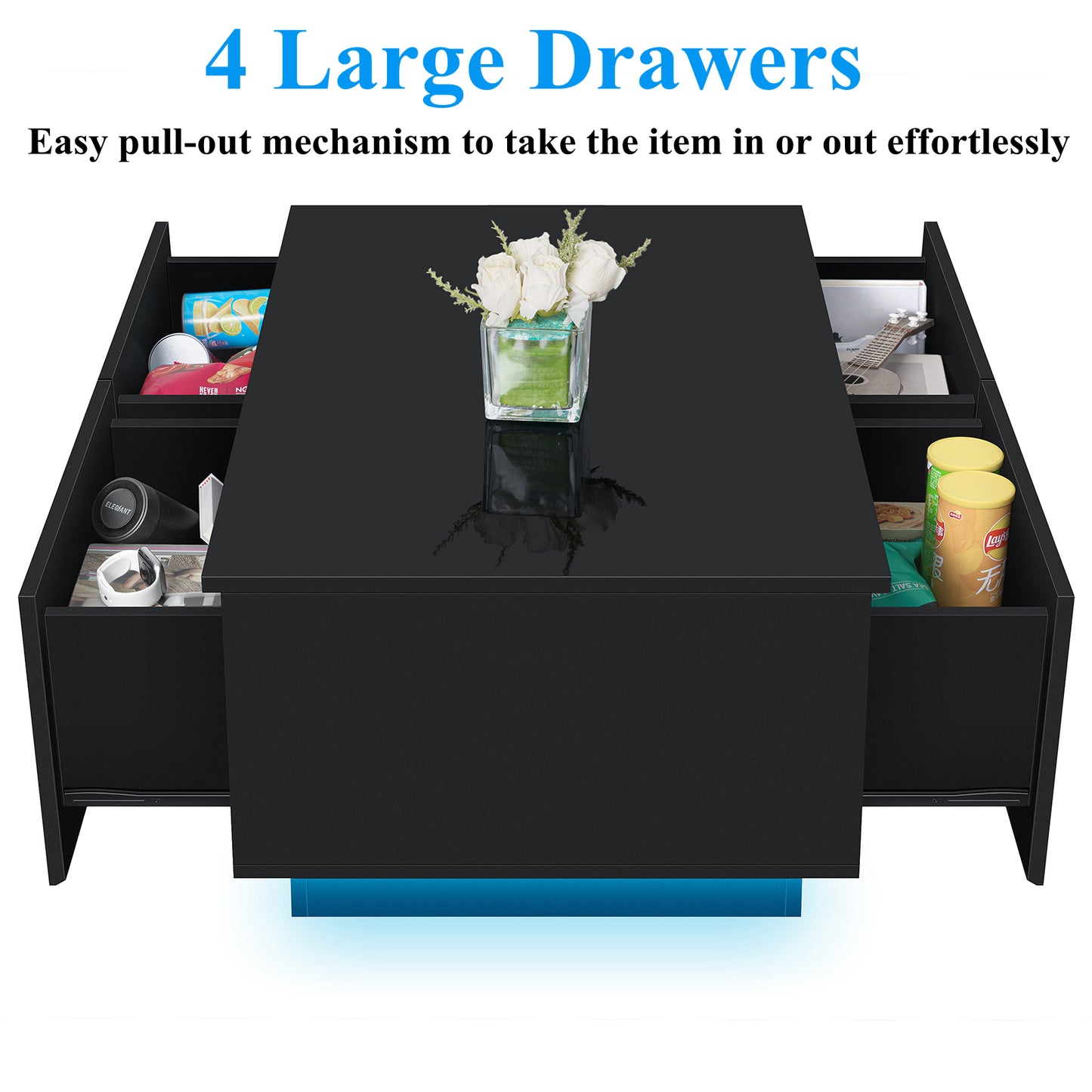 LED Coffee Table with 4 Drawers, High Gloss Black