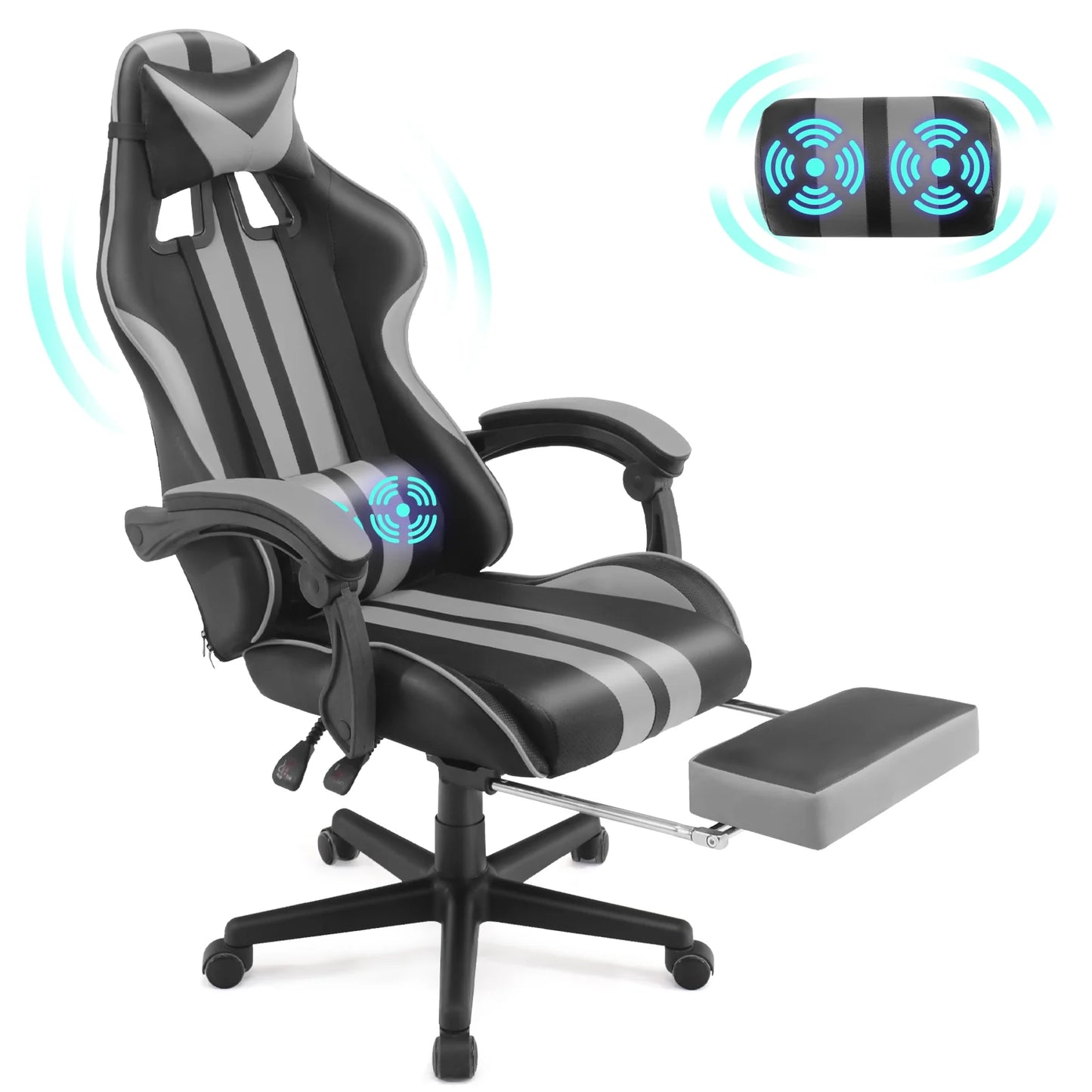 Leather Gaming Chair with Massage, Footrest & Lumbar Pillow