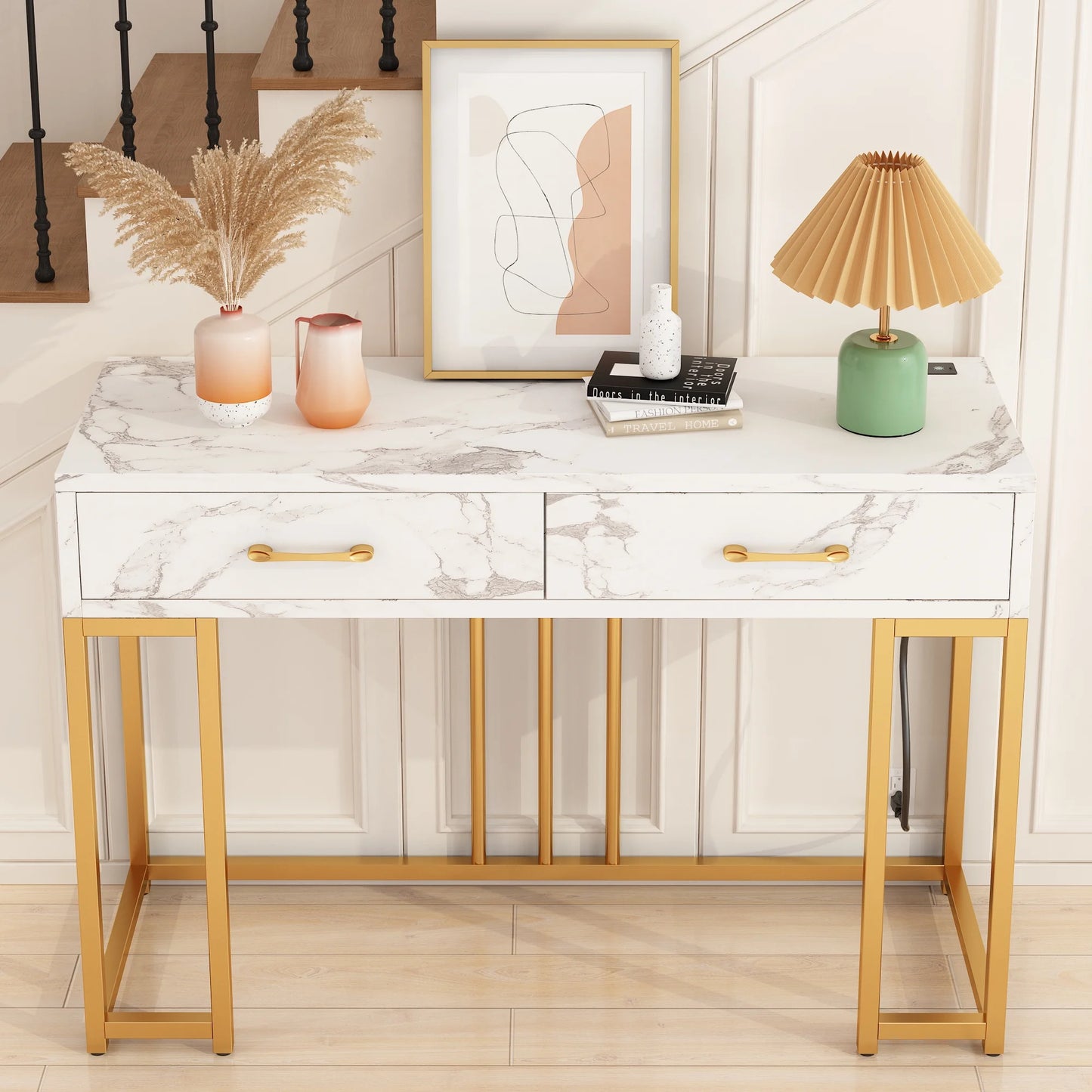 Modern Console Table with Drawers, Outlets & USB (Gold/White)