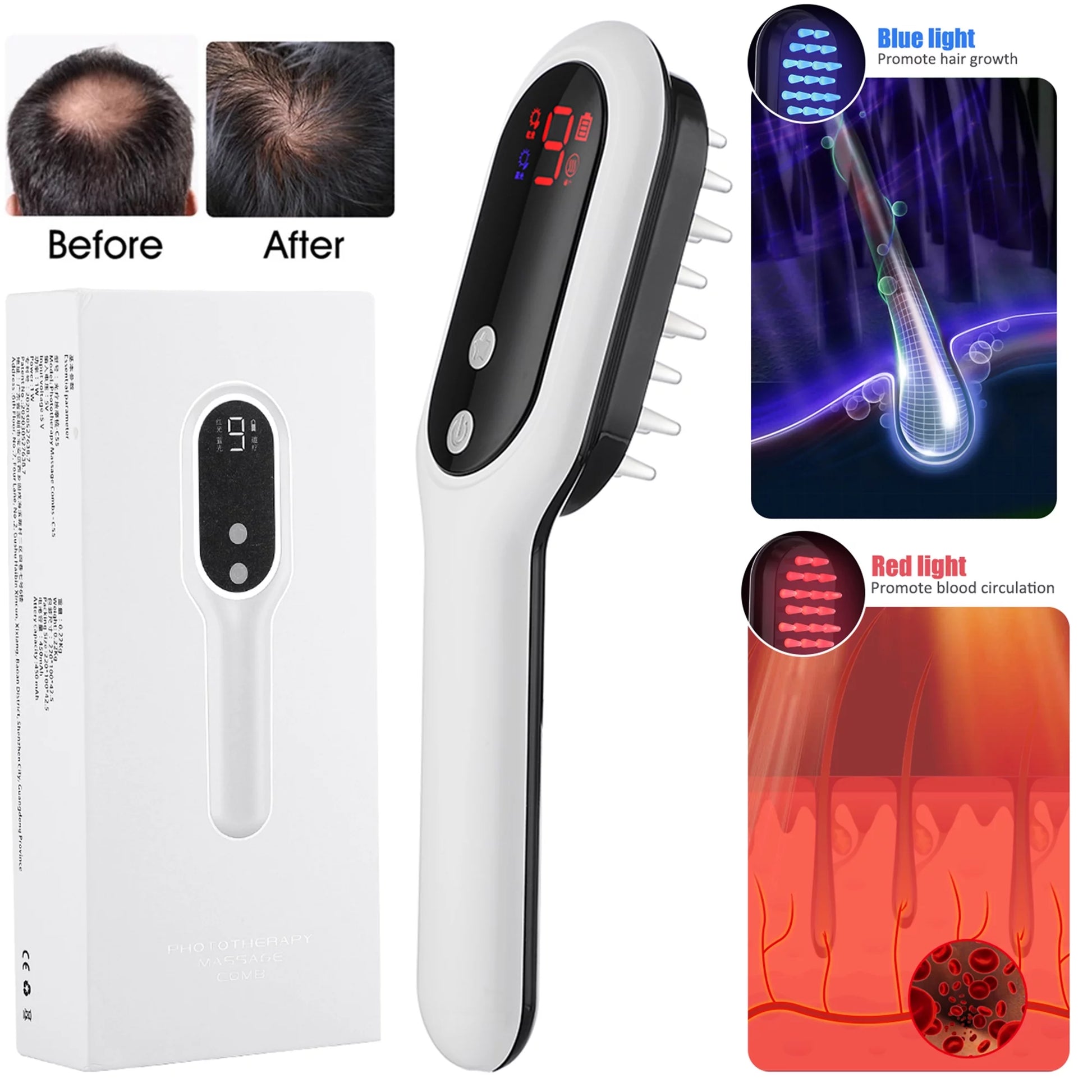 Laser Hair Regrowth Comb with Red & Blue Light Therapy