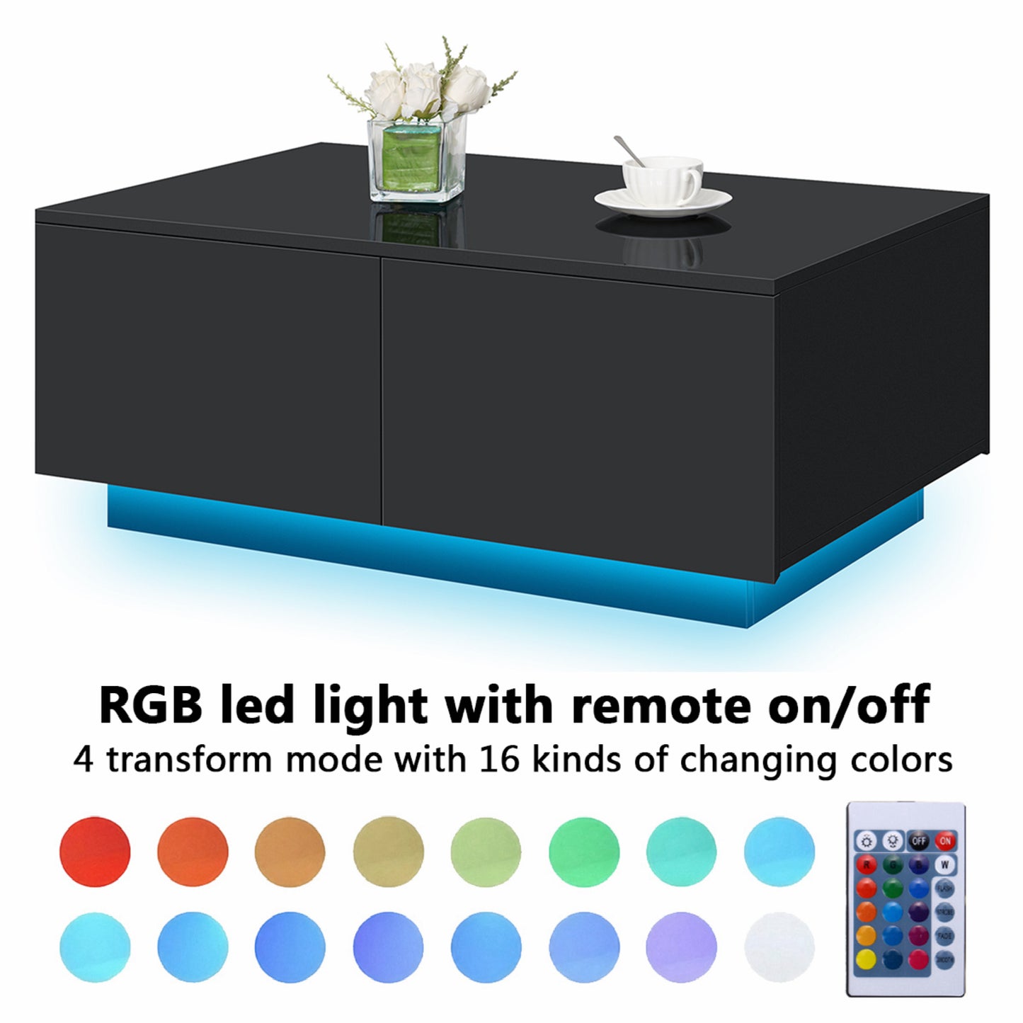 LED Coffee Table with 4 Drawers, High Gloss Black