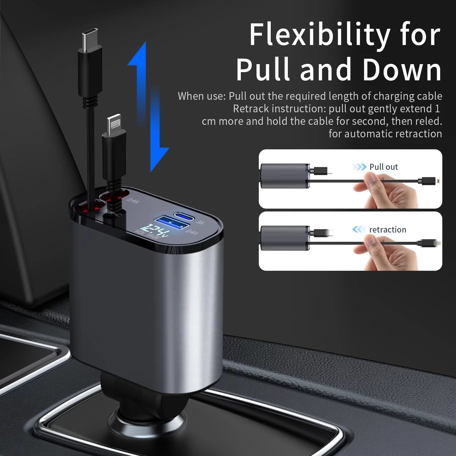 Fast Car Charger with Retractable Cables & Dual USB Ports