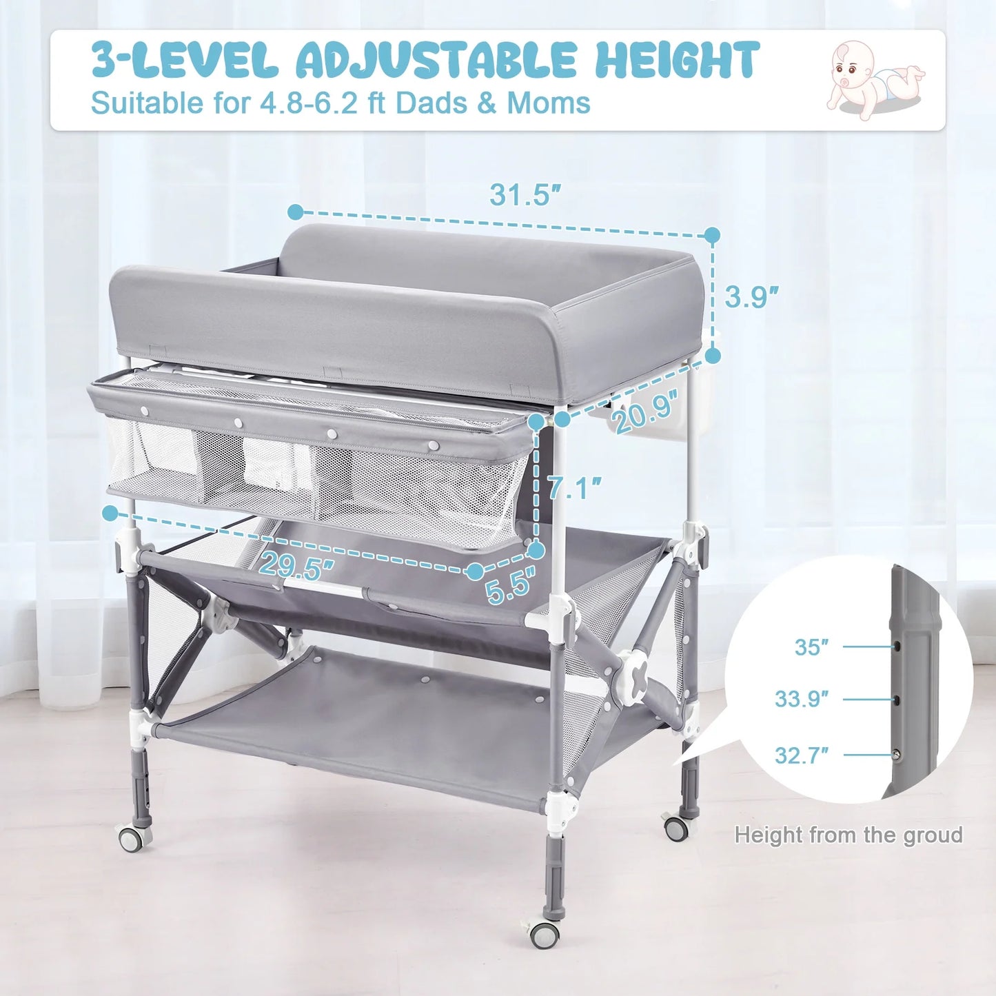 Mobile Baby Changing Station with 2-Tier Storage