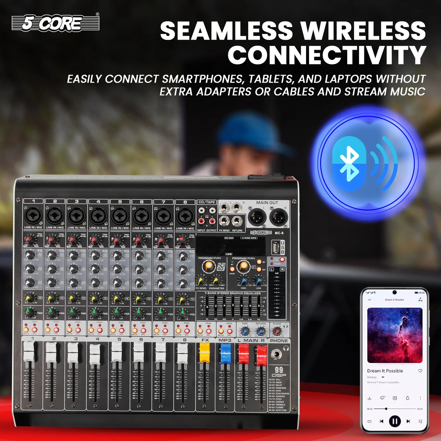 5 Core Audio Mixer 8 Channel DJ Equipment with Bluetooth USB Console Sound Board