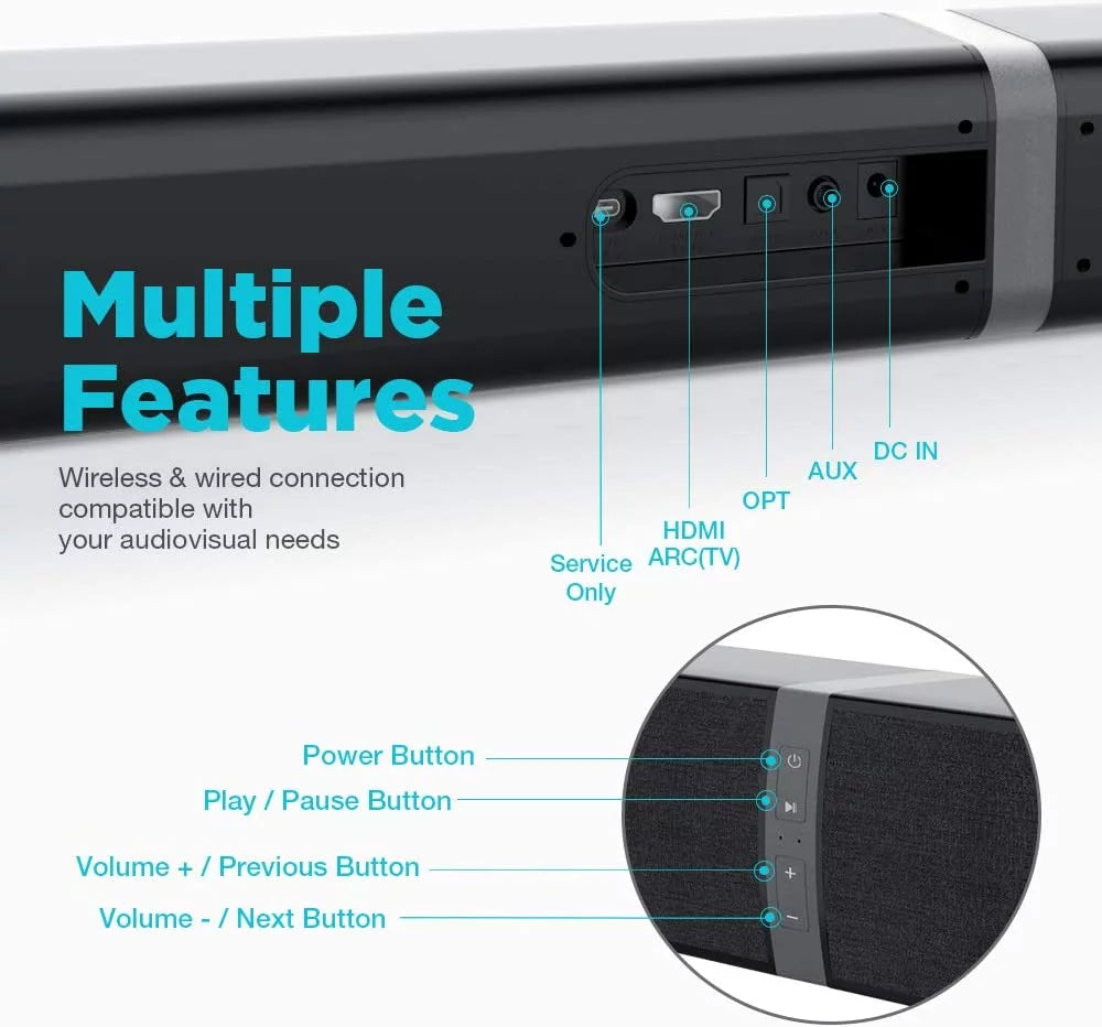 Bluetooth TV Soundbar with Remote & Multiple Inputs