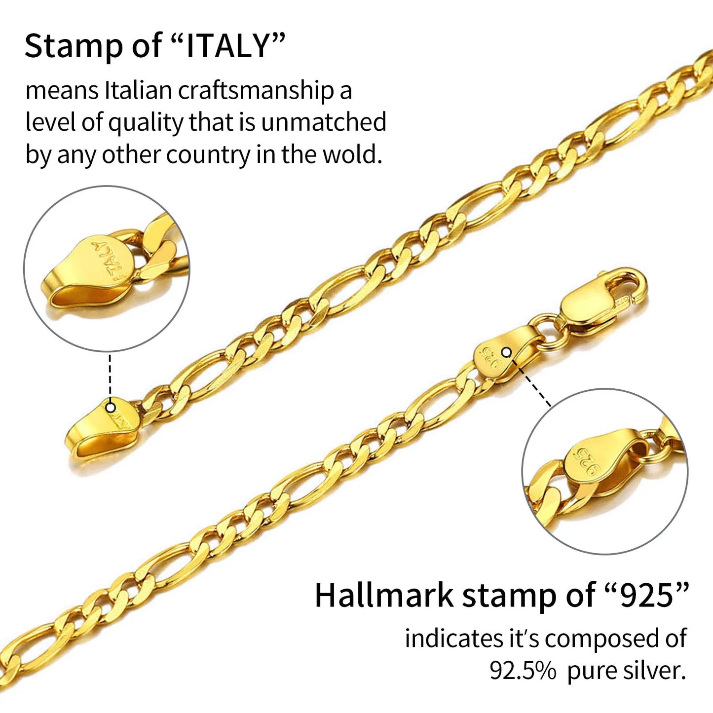 Mens Figaro Chain Necklace Link 14K Yellow Gold Italian Sterling Silver 20 Inch, 5MM