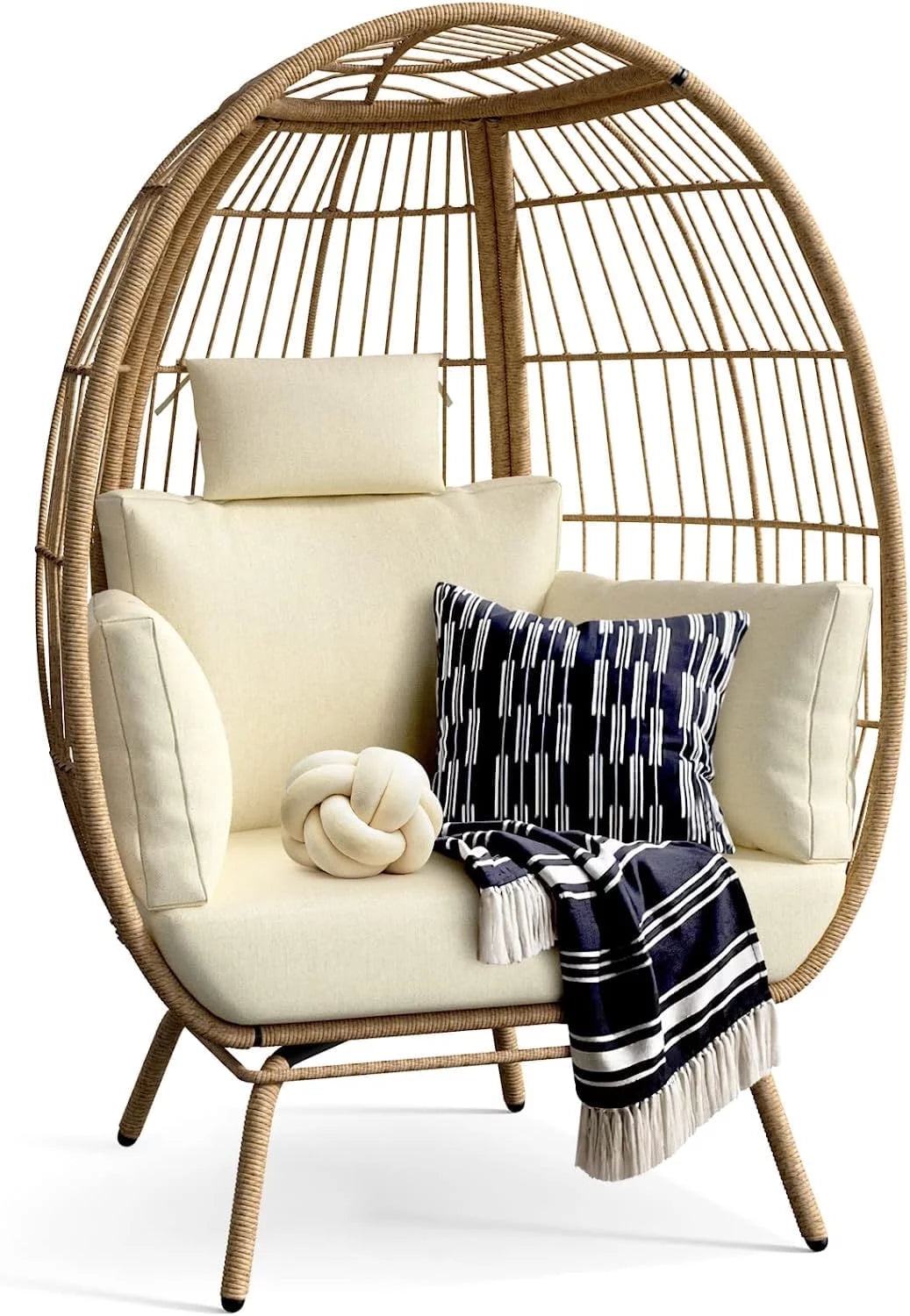 Oversized Wicker Egg Chair with Stand & Cushions (Beige)