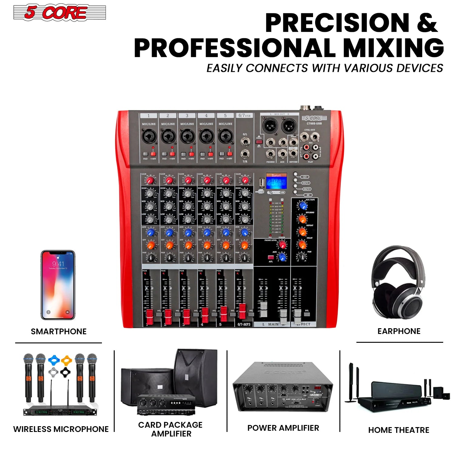 5 Core Audio Mixer 6 Channel DJ Equipment with Bluetooth USB Sound Board Console