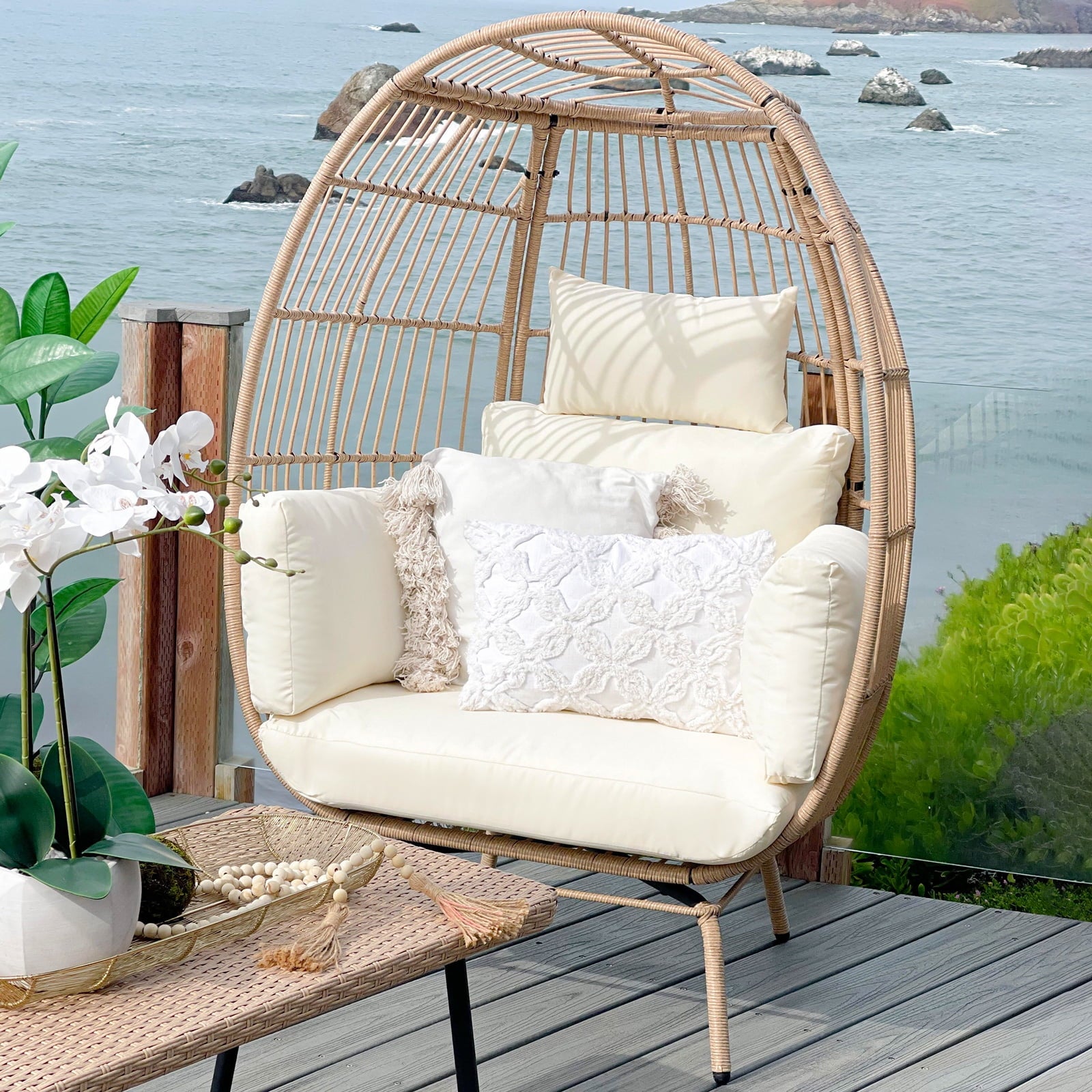 Oversized Wicker Egg Chair with Stand & Cushions (Beige)