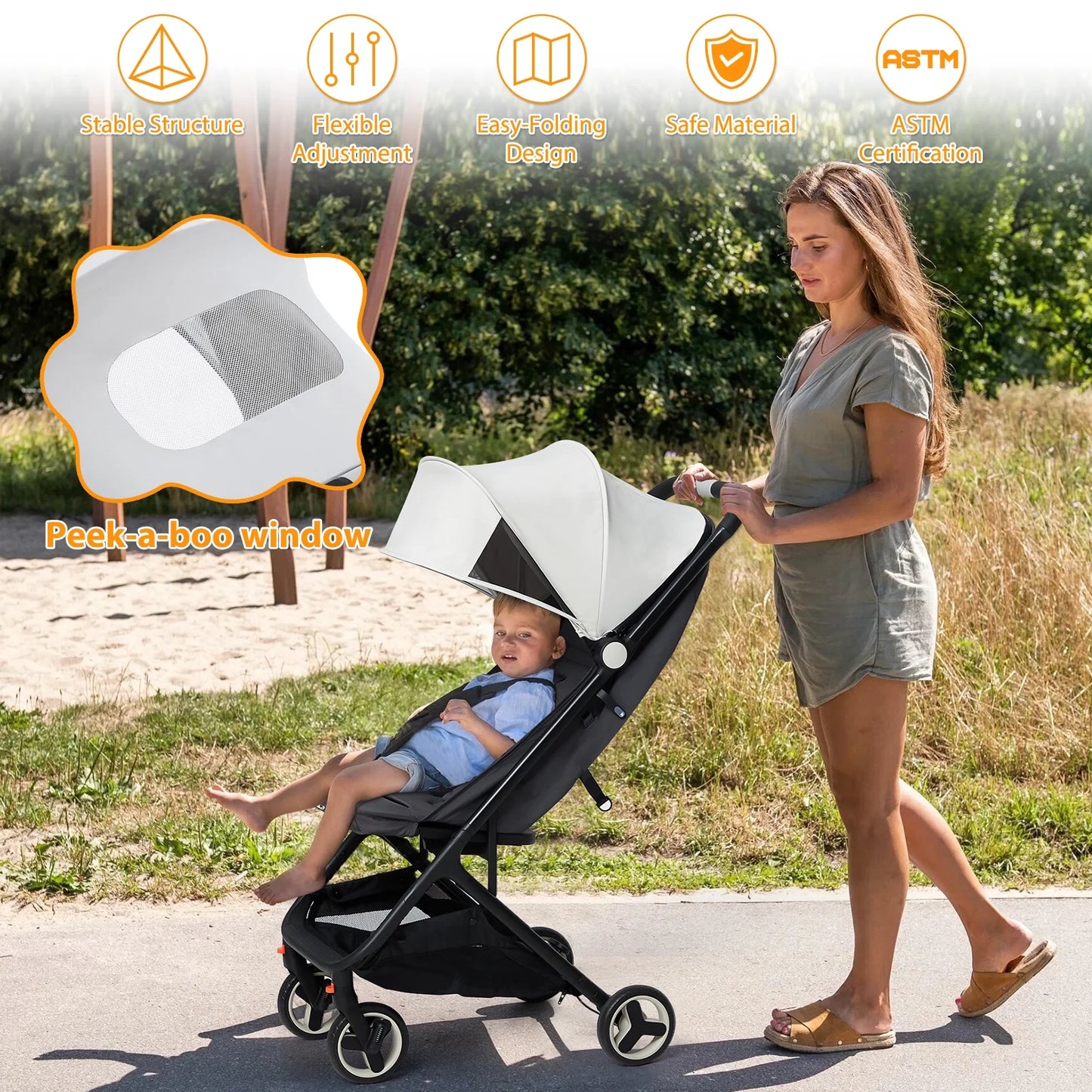 Lightweight Travel Stroller, One-Hand Fold, Reclining Seat