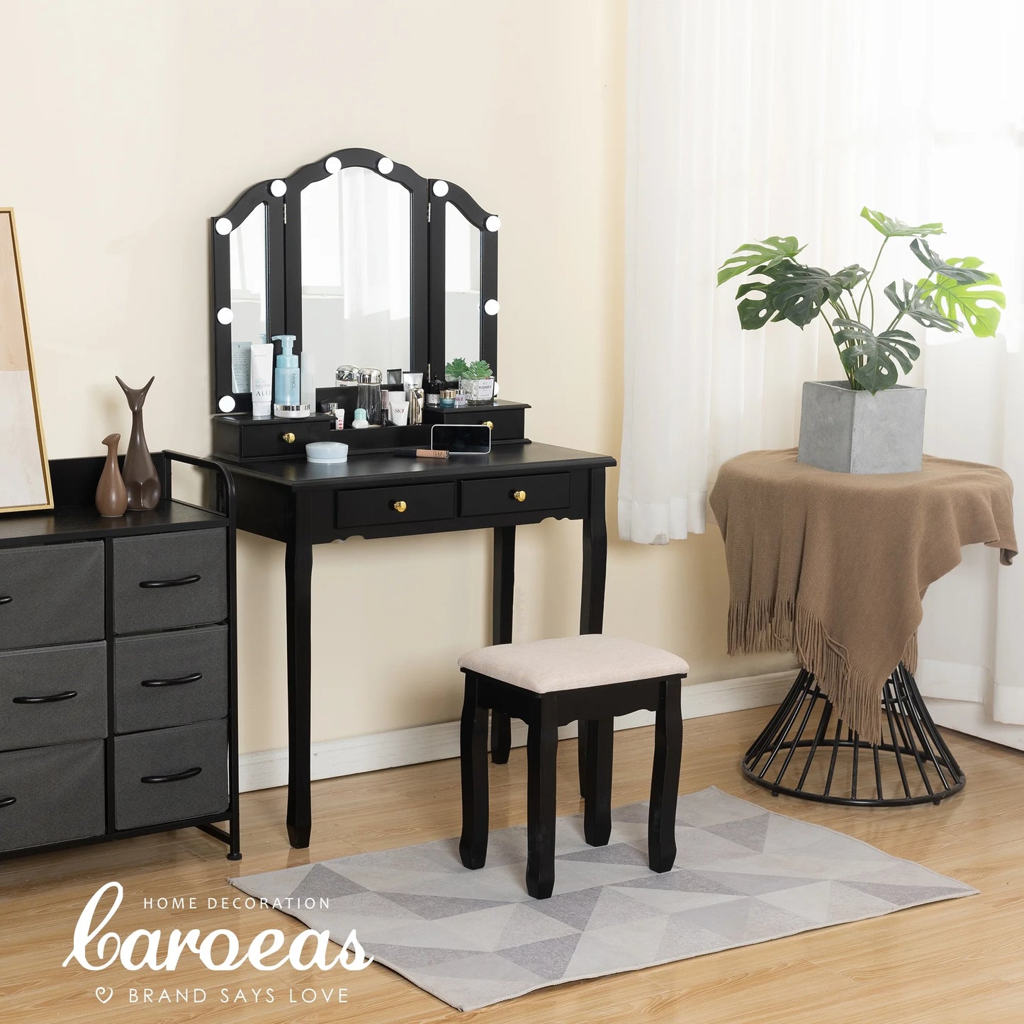 Tri-Fold Makeup Vanity with Lights, Mirror & Stool (Black)