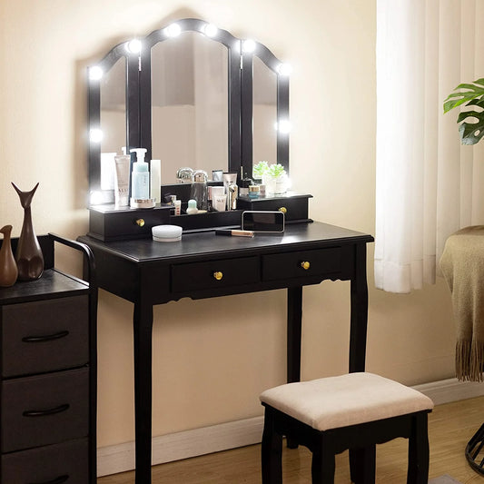 Tri-Fold Makeup Vanity with Lights, Mirror & Stool (Black)