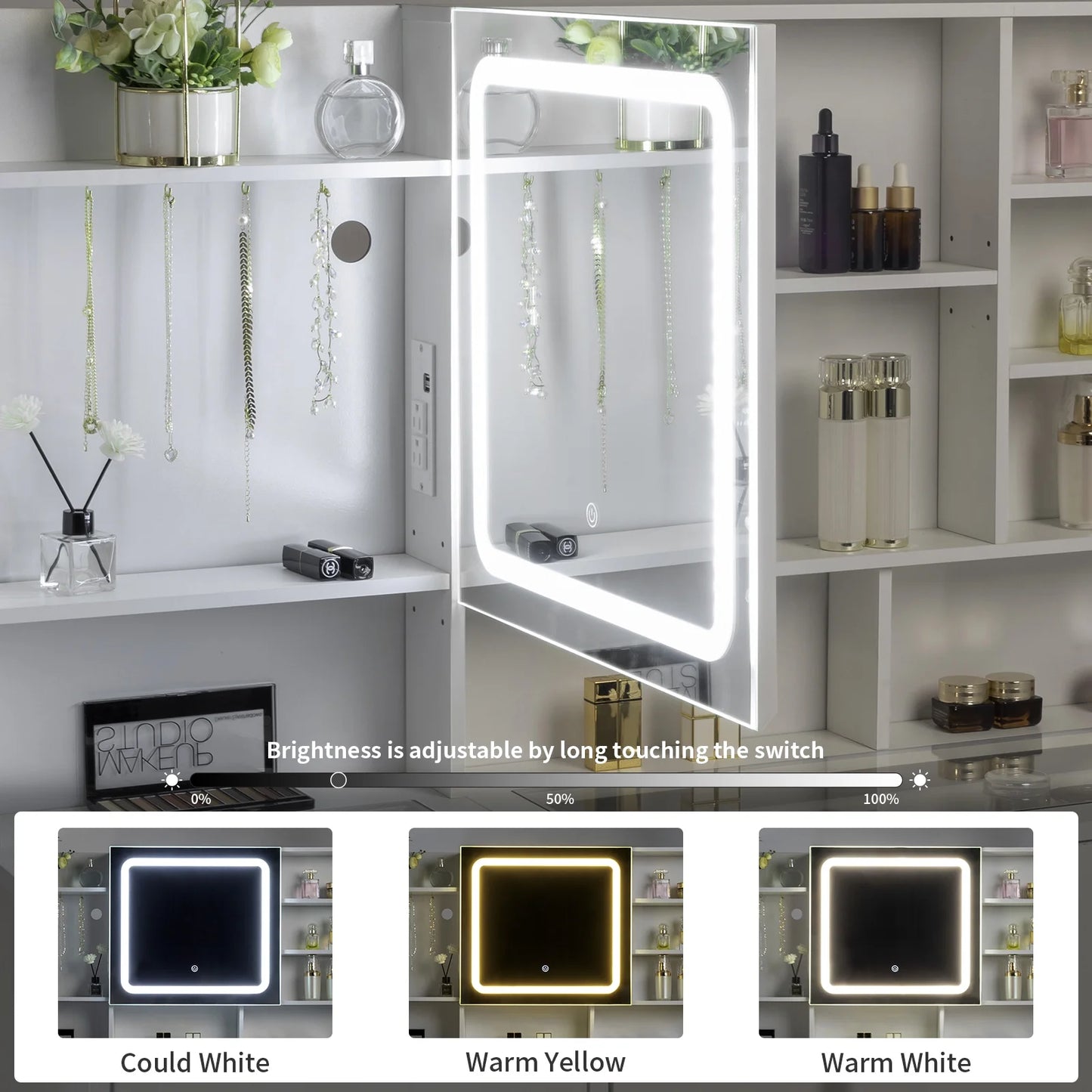 47.2" Makeup Vanity with 3-Color Lights & USB Charging (White)