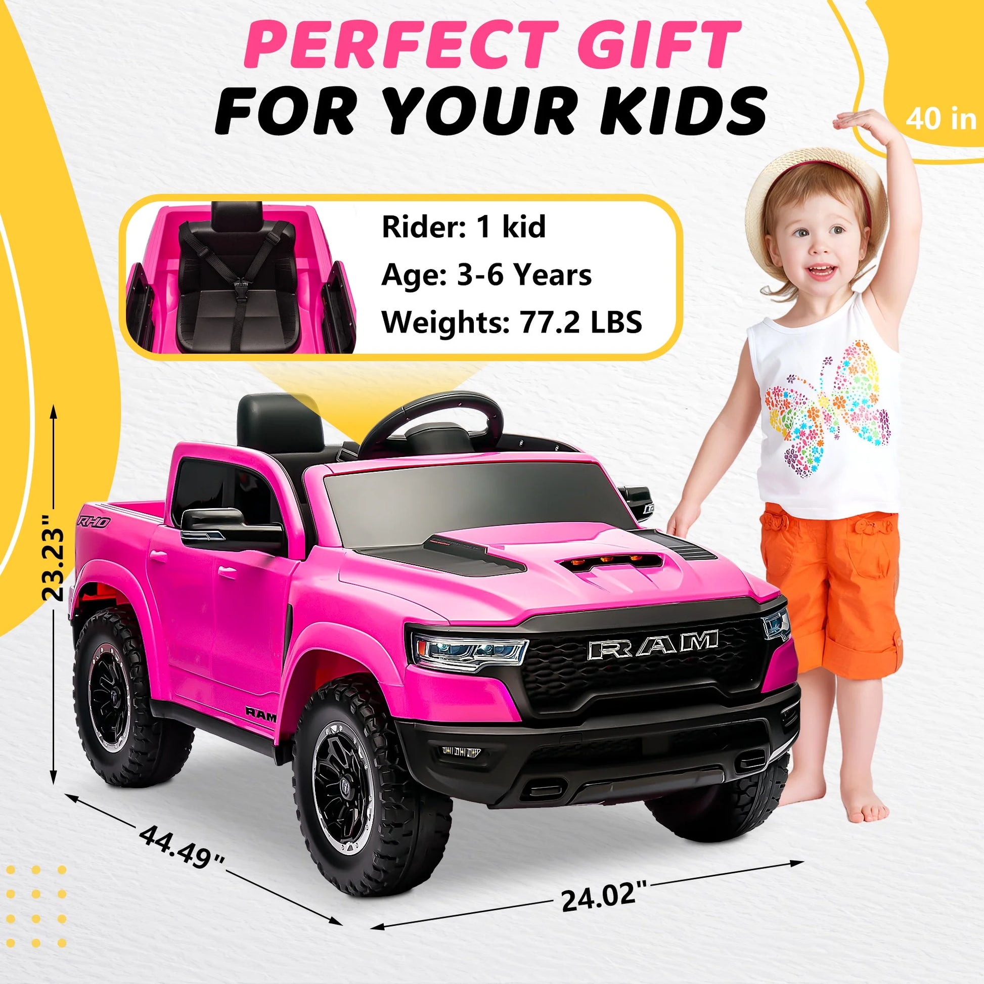 RAM Kids Ride-On Car with 4-Wheel Suspension & Safety Belt