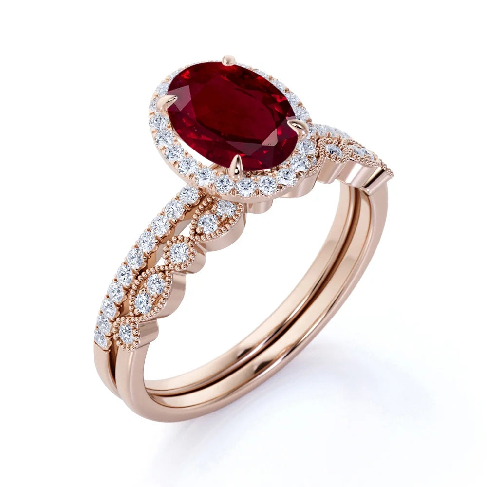 1.75 Carat Oval Burmese Lab Created Ruby Bridal Ring Set - Classic Ring Band - 18K Rose Gold over Silver